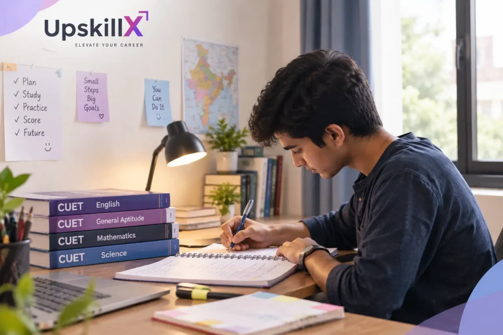 A male student studying with CUET textbooks and writing notes at a desk.