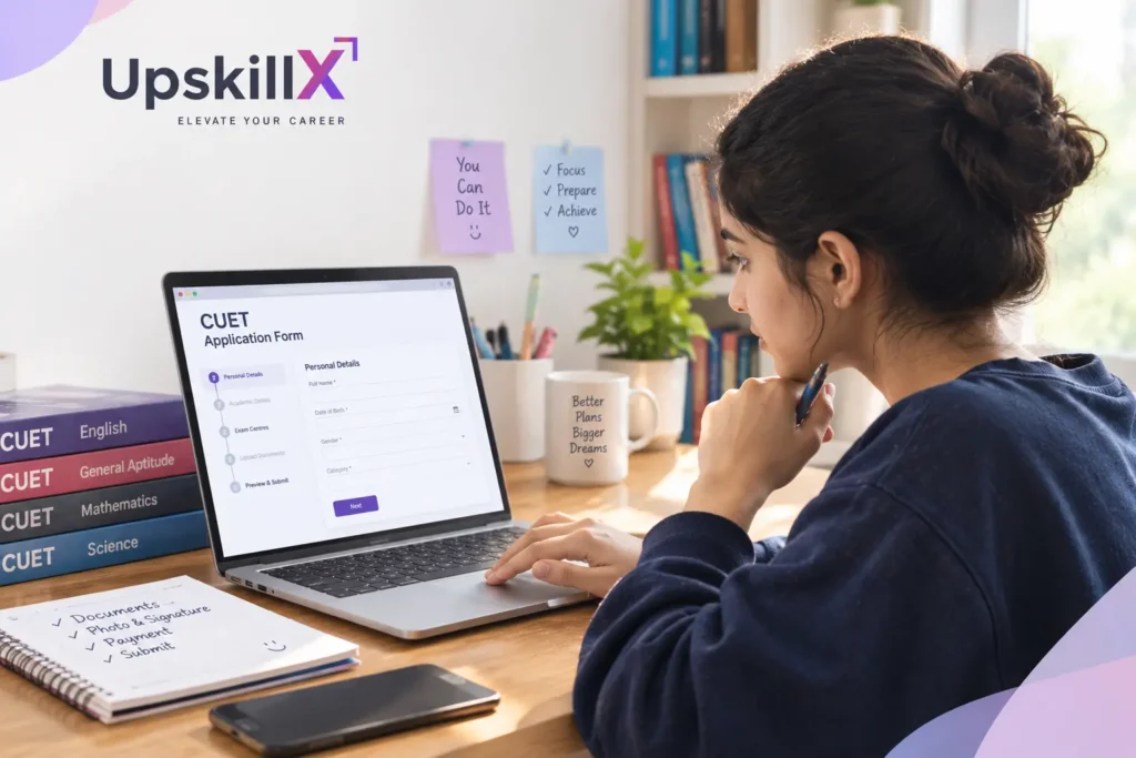 A female student filling out an online CUET application form on her laptop.