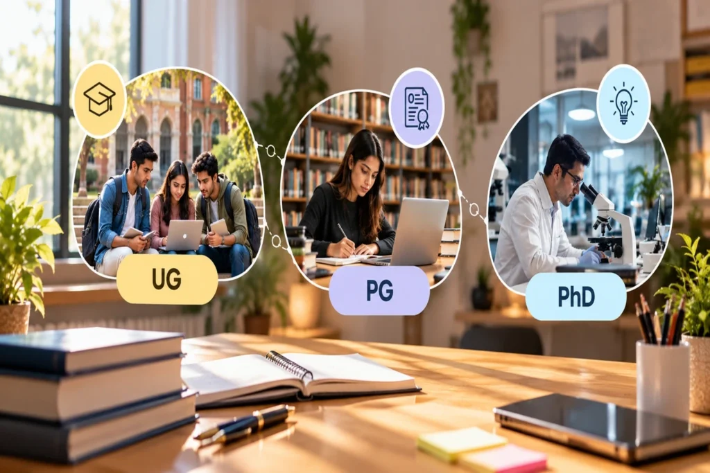 Graphic illustrating academic progression through UG, PG, and PhD levels, featuring photos of students studying and researching