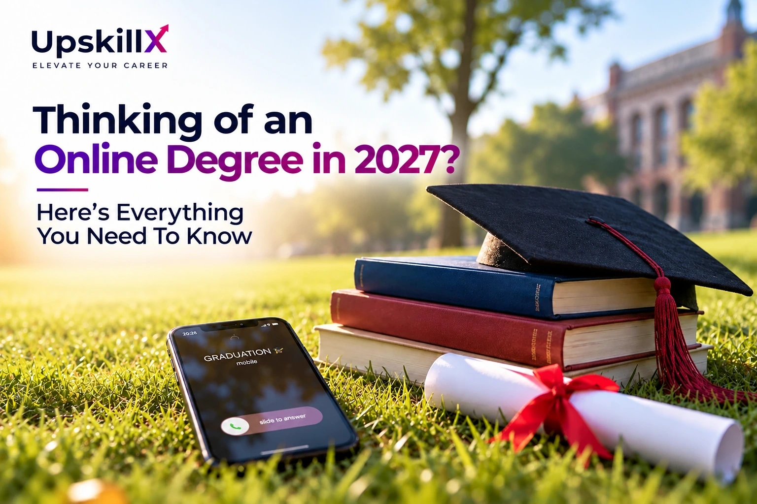 UpskillX graphic reading "Thinking of an Online Degree in 2027?" alongside a graduation cap, books, and a smartphone on grass.