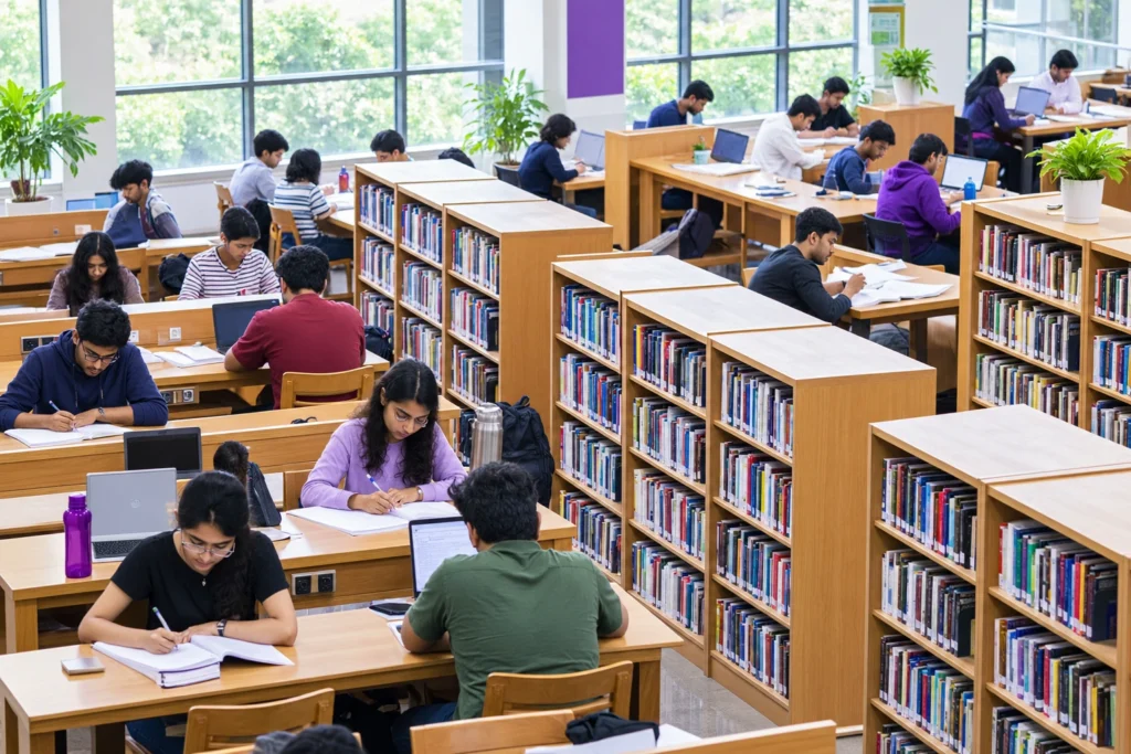 Students studying at wooden desks among library bookshelves.