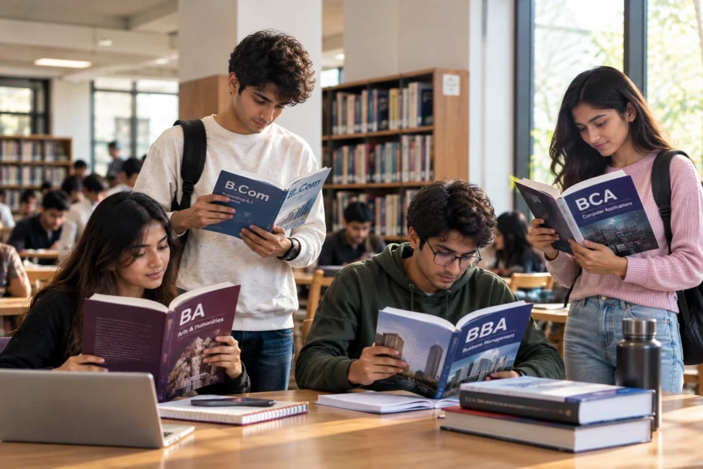 Students in a library reading BA, B.com, BBA, and BCA course books.